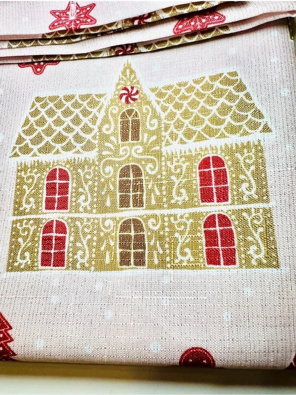 CHRISTMAS GINGERBREAD HOUSES FABRIC SHOWER CURTAIN PINK GOLD METALLIC SPARKLE